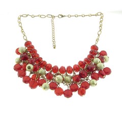 Vintage Red Crystal Glass Bead Dangle Necklace Gold Tone