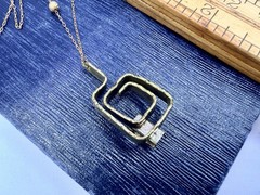 Vintage Brutalist Asymmetrical Square Spiral Green Gemstone Necklace 16” DbG W