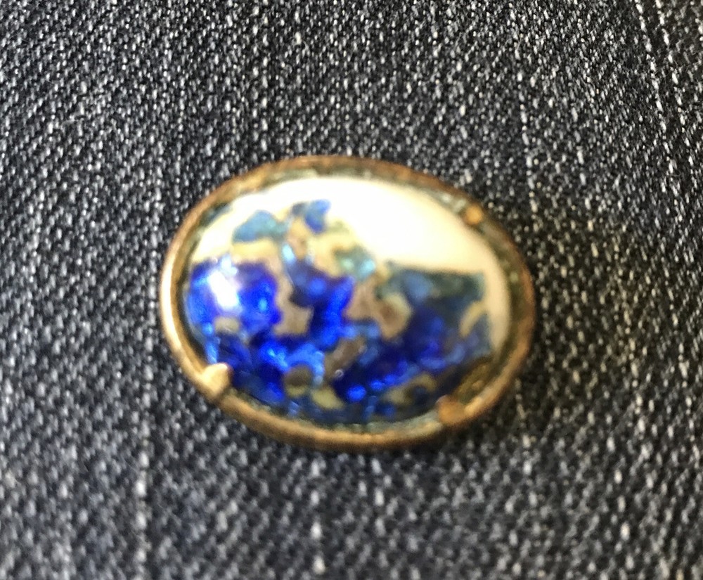 FOIL GLASS Cabochon Brass Pin Brooche Jewelry C Clasp Blue White Gold 1”