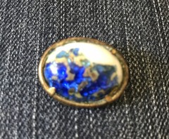 FOIL GLASS Cabochon Brass Pin Brooche Jewelry C Clasp Blue White Gold 1”