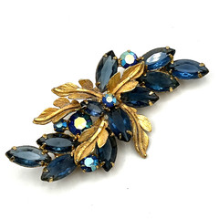Simulated Sapphire Navette Rhinestone Brooch Gold Tone 3″ Vintage