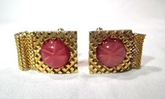 Vintage Pink Stone Gold Tone Mesh Cufflinks K836