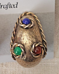 Vtg LES BERNARD Clip Earrings Antiqued Gold Tone Multicolor Rhinestone Cabochons