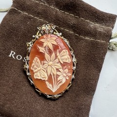 Vintage Cameo Brooch Pin Pendant Butterfly Floral 18K Gold Over Sterling Silver