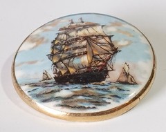 Vtg (Antique?) Painted Porcelain Brooch 1-5/8″ w/ Clipper Ship Under Full Sail