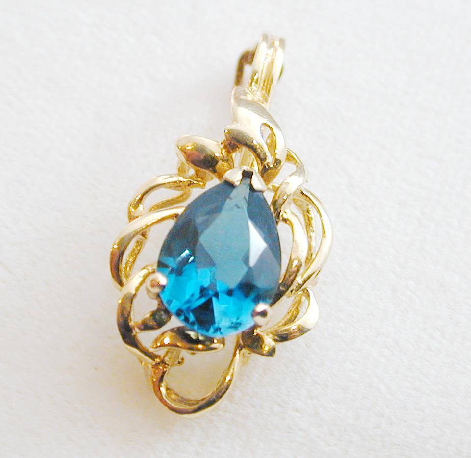 14k Yellow Gold Pear Shape London Blue Topaz Pendant Enhancer Estate
