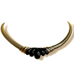 Vtg Napier Black Lucite Gold Tone Ribbed Omega Chain Collar Choker Necklace 80s