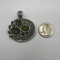 Silver Tone Pendant Green Cabochon Acrylic Stones Oval Open Metal Work