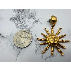 Matte Gold Sun Face Dangle Earrings 2″ Drop Celestial Signed Avon