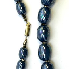 Vintage Iridescent Blue Peacock Glazed Ceramic Bead Necklace 100g 18”