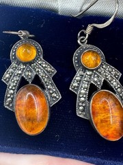 Vintage BOMA signed Baltic Amber Marcasite Sterling Earrings One Hook Beautiful