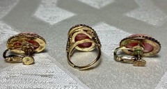 Vintage Marvella Pink Marble Cabachon Jewelry Set Ring & Clip On Earrings