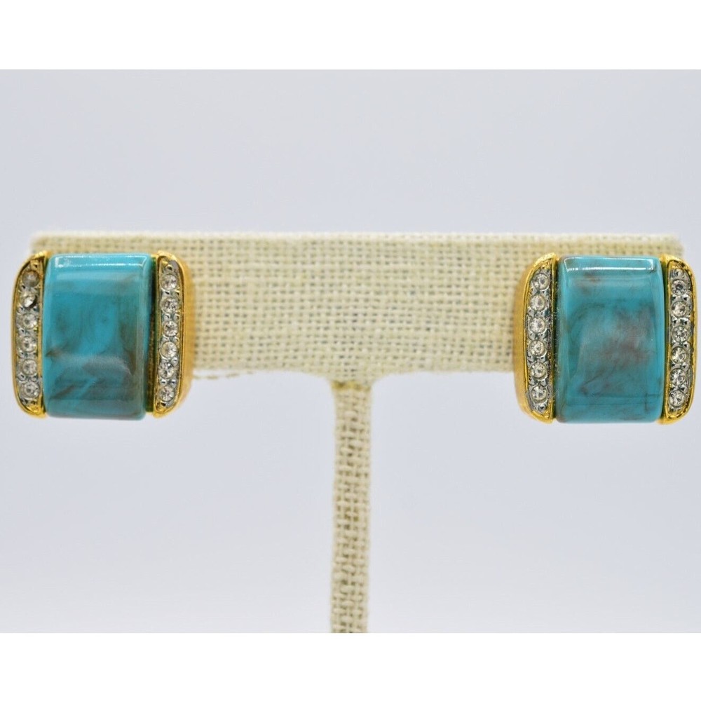 Vintage Earrings Clip On Faux Turquoise Crystal Rhinestone Gold NOS 1980s Bin8