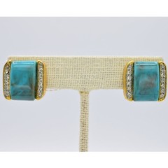 Vintage Earrings Clip On Faux Turquoise Crystal Rhinestone Gold NOS 1980s Bin8