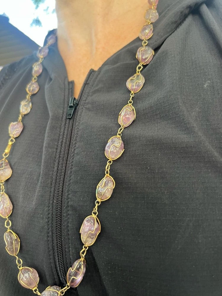 Vintage Amethyst Tumbled Stone Wire Cage Gold-Tone Long Necklace