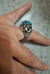 Vintage Coctail Ring Blue Cabachon Dome Dark Silver Tone Ornate Band Adjusts
