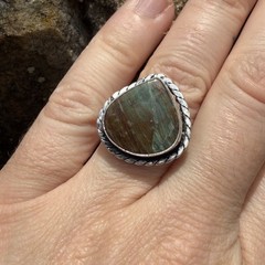 Green Brown Jasper Ring 6.5 Sterling Silver Twisted Rope Boho Southwestern
