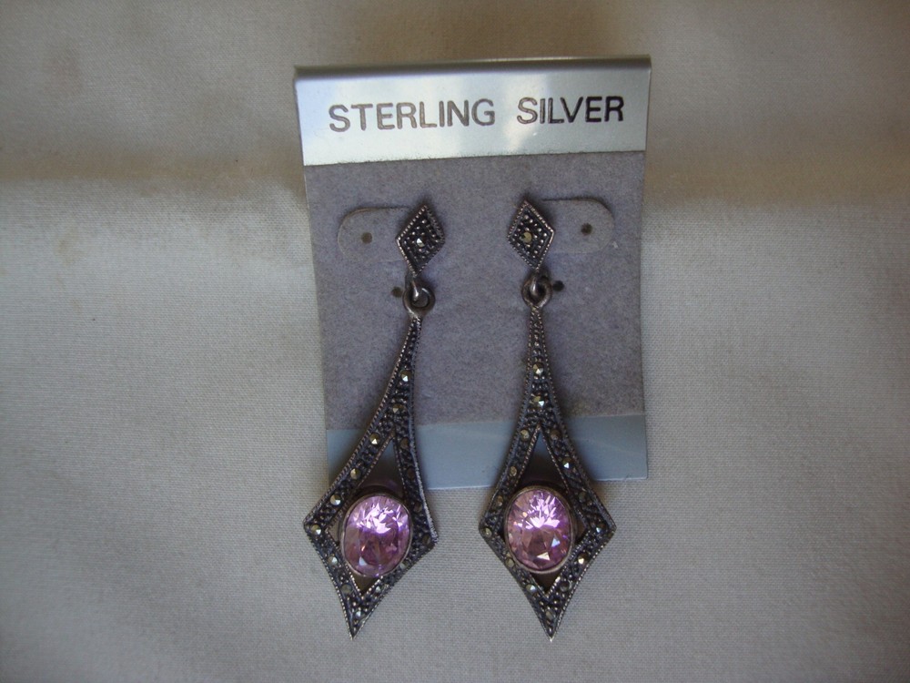 VINTAGE ARROW TEARDROP PINK TOPAZ W/ MARCASITE SILVER 925 DANGLE STUD EARRINGS