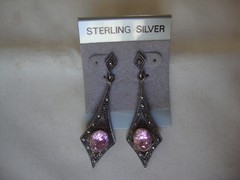VINTAGE ARROW TEARDROP PINK TOPAZ W/ MARCASITE SILVER 925 DANGLE STUD EARRINGS