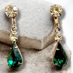 Green Rhinestone Earrings Drop Dangle Screw Back Clip Vintage Mid Century