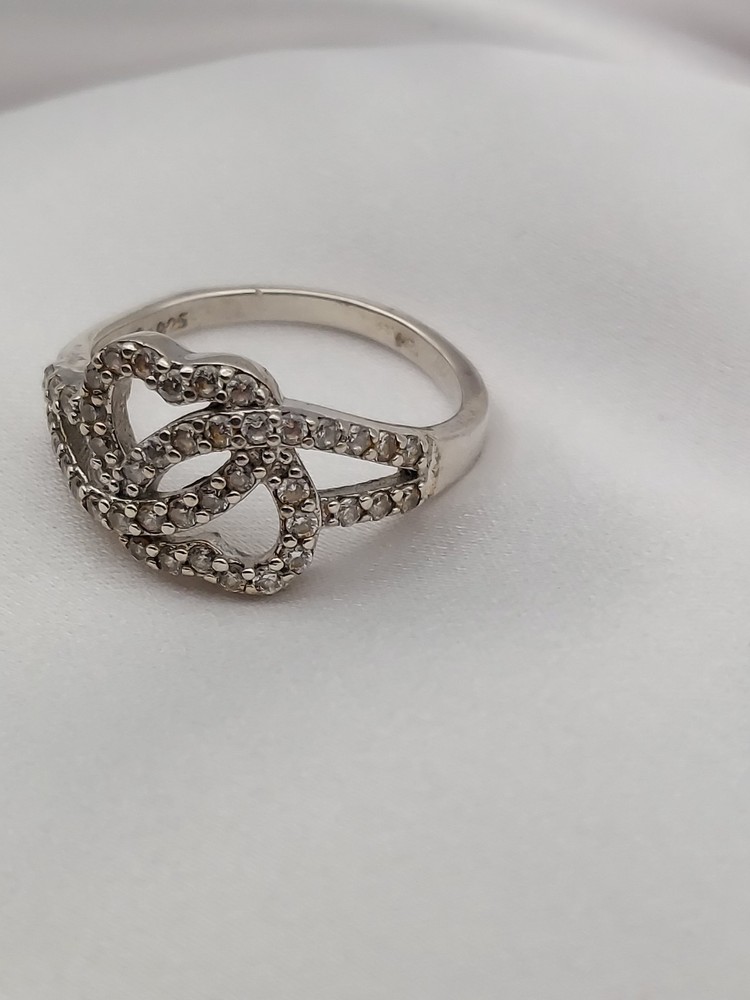 Vintage 43 Natural Diamond 1.00ct 2 Reversed Hearts EC Sterling Ring 3.2Gr Sz7.5