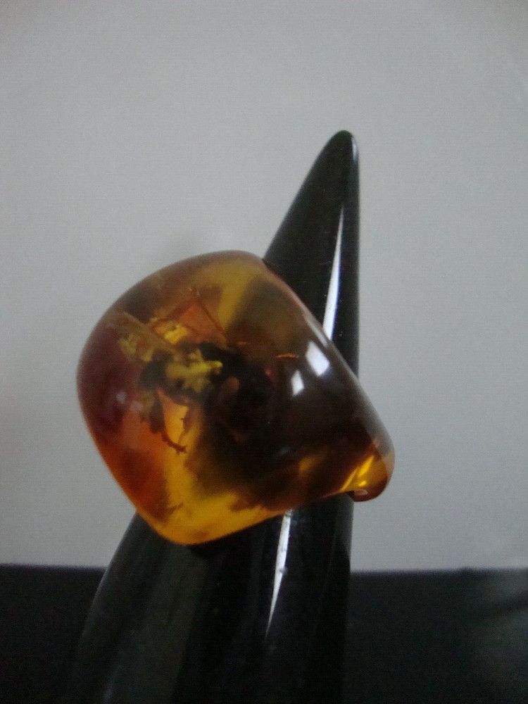 Vtg Unique Pressed Amber Lucite with Insect Ring 6.75US