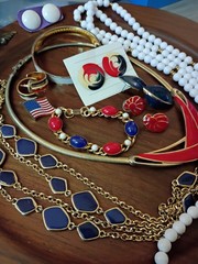 Patriotic VTG Grandmas Jewelry Lot Enamel Red White Blue Necklace-Brclts-Earrngs