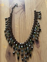 Vintage Beaded Bib Statement Necklace Green Brown Black Adjustable Fringe Boho