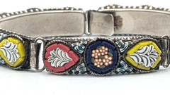 Vintage Micro Mosaic Link Bracelet Multi Color Floral Silver Tone 5 Panel
