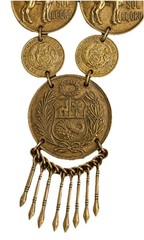 Vntg 1968 Peruvian Coin Bib Necklace Lapis Lazuli Ceramic Llama Boho Brass Peru