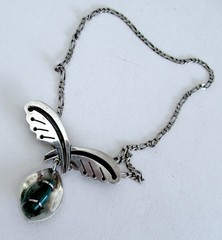 VINTAGE MEXICO STERLING NECKLACE PENDANT BROOCH w CHRYSOPRASE, 2 1/4 INCH PENDT