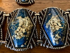 Vintage MCM Or Selro Selini Blue Lucite/Gold Glitter Cuff Bracelet Earring Set.