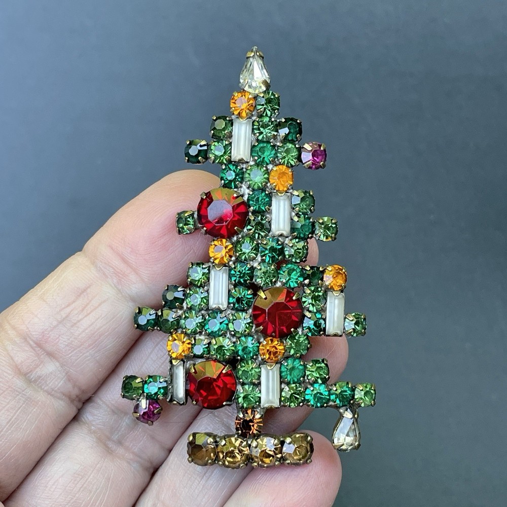 Vintage WEISS Christmas Tree Brooch Signed 6 Six Candle Rhinestone