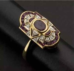 Art Deco Style Lab Created Ruby Diamond Wedding Ring 14K Yellow Gold Finish
