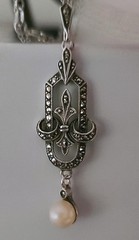 Antique Art Deco 935 Silver Marcasite & Pearl Pendant Necklace 18″, Pristine