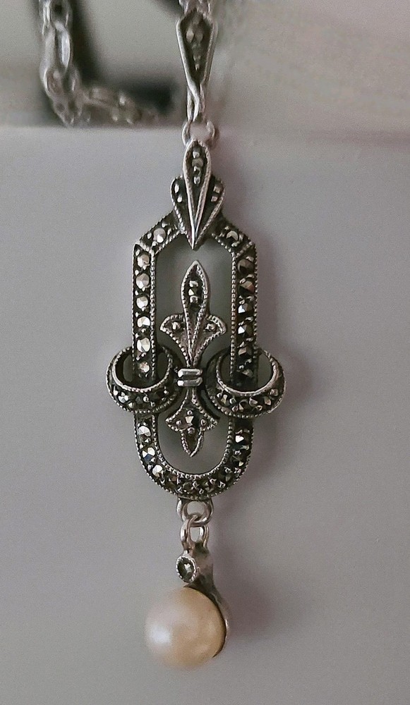 Art Deco 935 Silver Marcasite 6.5mm Pearl Pendant Necklace Austrian Estate 1920s