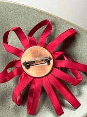 Large Red Beaded Layered Flower w Silk Ribbon Loops Brooch Pin – 3.75 inches in