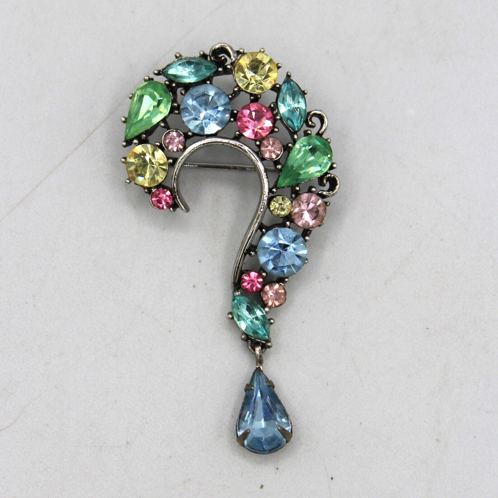 Lisner Rhinestone Brooch Pin Pastel Blue Pink Green Silver Tone