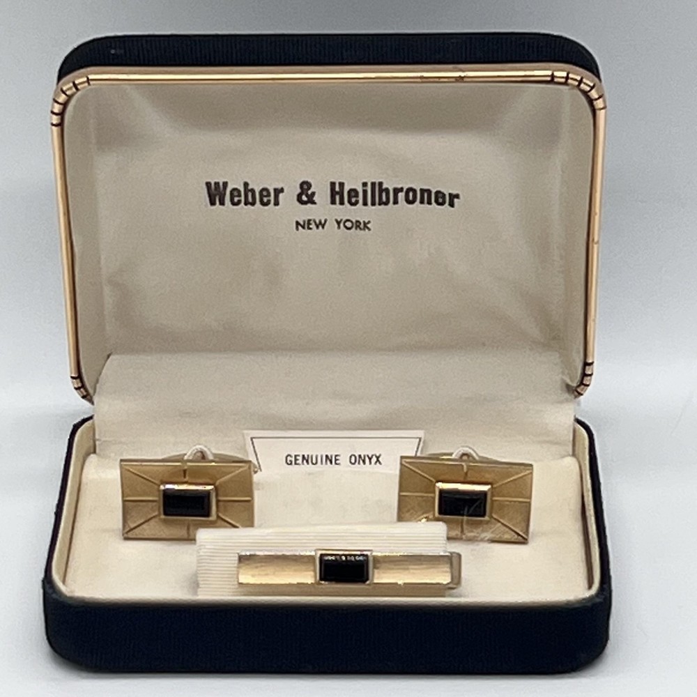 Vintage Swank Genuine Onyx Gold Tone Cufflinks Tie Clip Weber Heilbroner Box