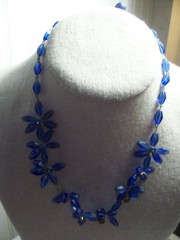 Vintage flower necklace brass wired blue glass petals prong set centers GERMANY