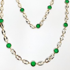 Beaded Station Necklace Green Gold Tone 28″