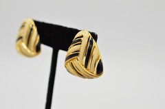 TAT Vintage Earrings Gold Black Off White Enamel Pierced Signed NOS 1980s