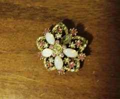 Vintage 1960s Pink Rhinestone Faux Pearl Flower Brooch Gold Tone Costume Jewelry