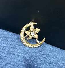 Antique Gold Filled Crescent Moon Flower Seed Pearl Lady’s Pocket Watch Brooch