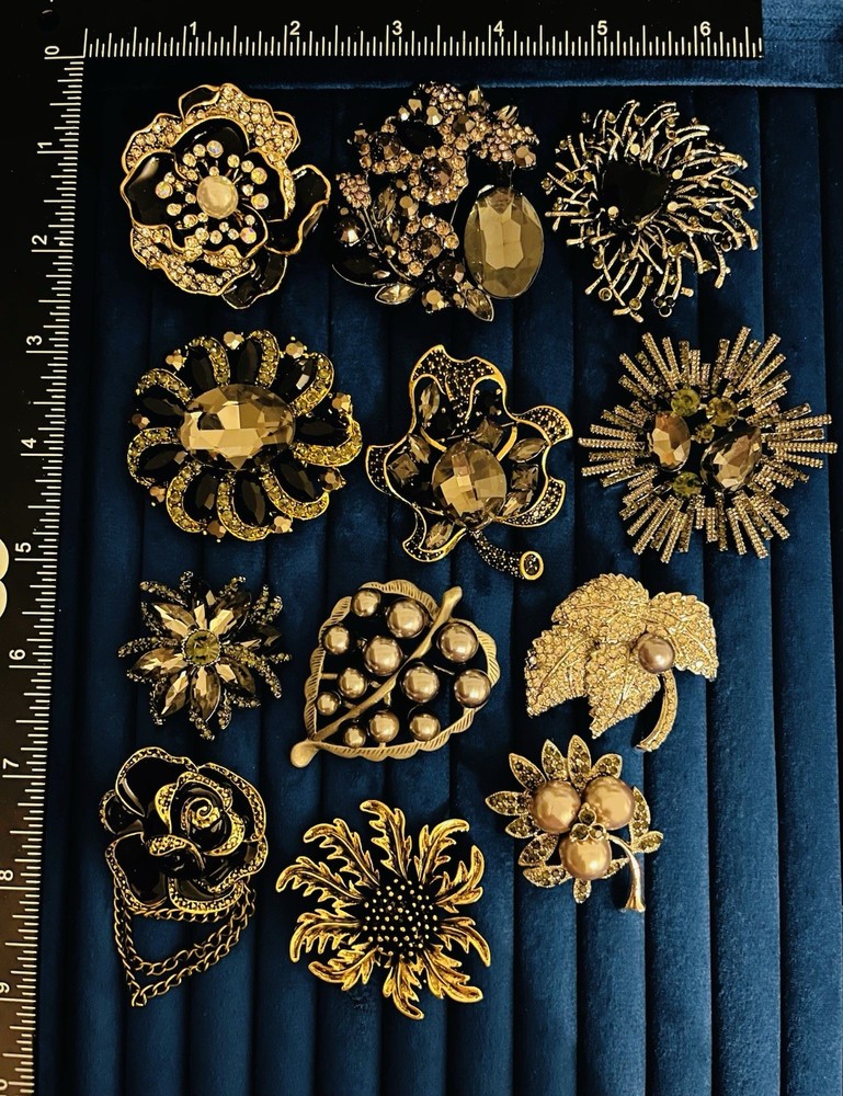 Vtg Style Smoky Quartz Crystal Brooch Lot 12pc Heavywork Flower Pearl Pins Set