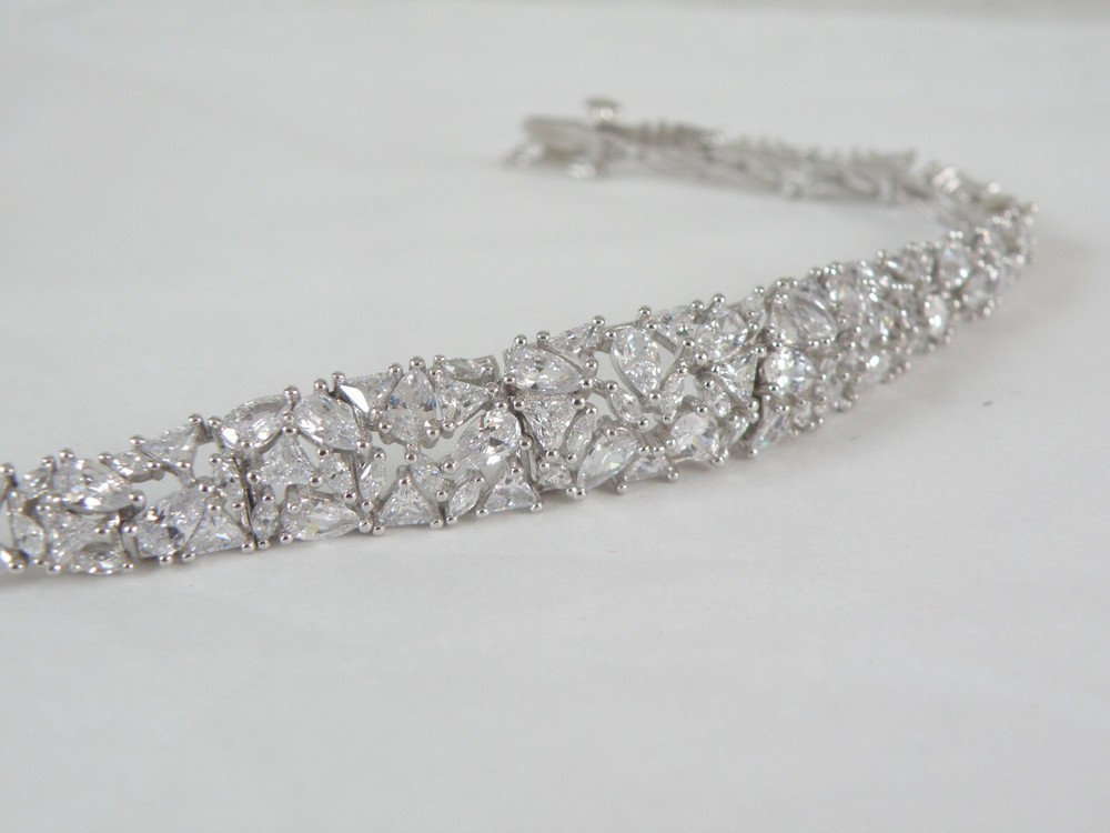 Vintage Sterling Silver 925 Cluster Gemstone Tennis Bracelet 7.5″