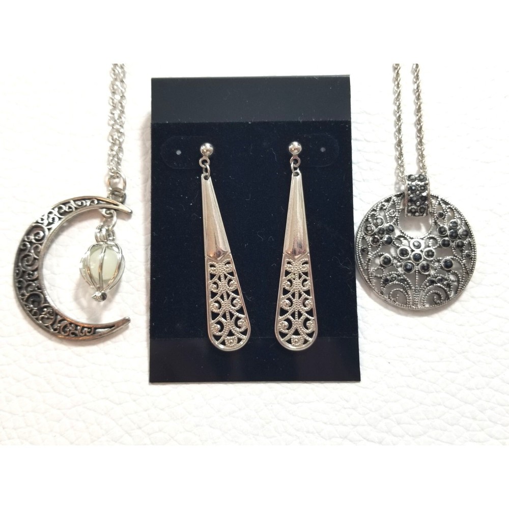 Vintage Necklaces Silver Tone Moon Shaped Black Crystals Dangle Earrings Set 3