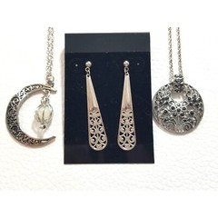 Vintage Necklaces Silver Tone Moon Shaped Black Crystals Dangle Earrings Set 3