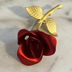 Vintage Rose Brooch Matte Gold Tone Stem Shiny Deep Red Rose 2.25in Pin