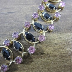 Vintage Rhinestone Necklace Purple Black Gold Tone Choker Collar 15 Inch